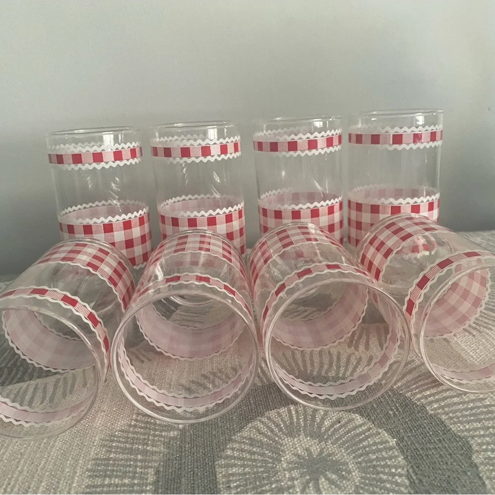 Libbey Red Gingham Pattern Tumblers Farmhouse Cottage Core 12 oz Set of 8
